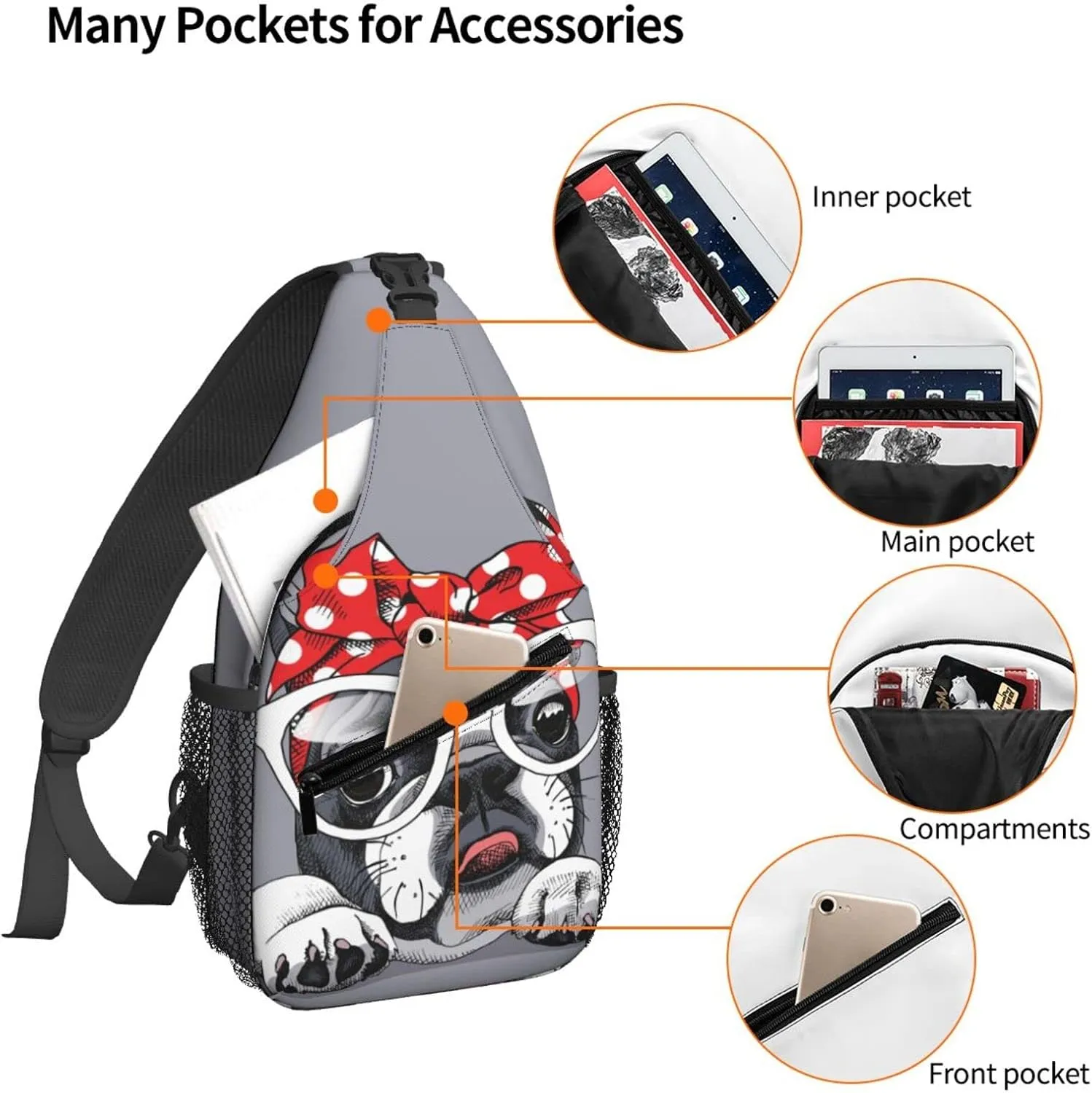 Women Headband French Bulldog Crossbody Sling Backpack for Men Chest Bag Shoulder Bag Lightweight One Strap Backpack Travel Outdoor Daypack