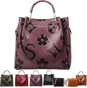 Women Large Tote Bag with Pouch Set of 2 Trendy Retro Floral Embossed Shoulder Handbag Crossbody Bucket Purse Fashion