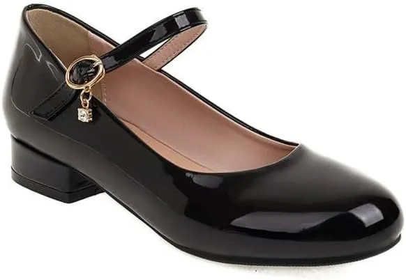 Women Mary Jane Pumps Glossy Patent Low Block Heels with Belt Buckle