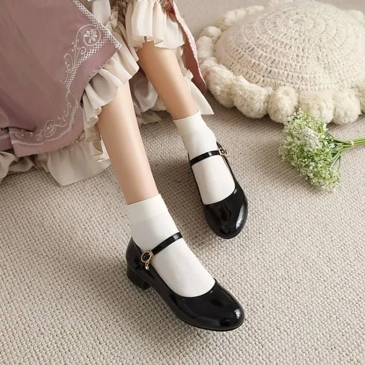 Women Mary Jane Pumps Glossy Patent Low Block Heels with Belt Buckle