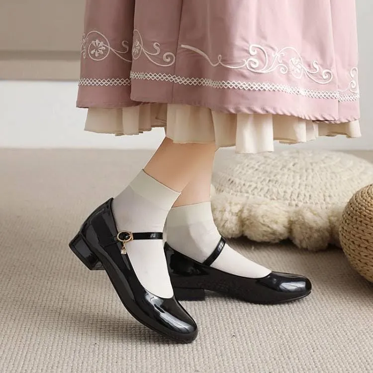 Women Mary Jane Pumps Glossy Patent Low Block Heels with Belt Buckle