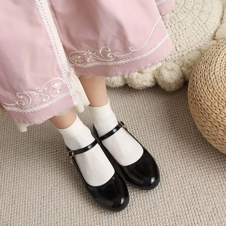 Women Mary Jane Pumps Glossy Patent Low Block Heels with Belt Buckle