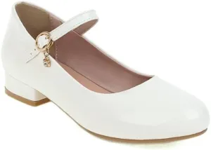 Women Mary Jane Pumps Glossy Patent Low Block Heels with Belt Buckle