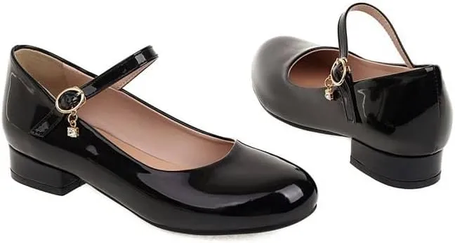 Women Mary Jane Pumps Glossy Patent Low Block Heels with Belt Buckle