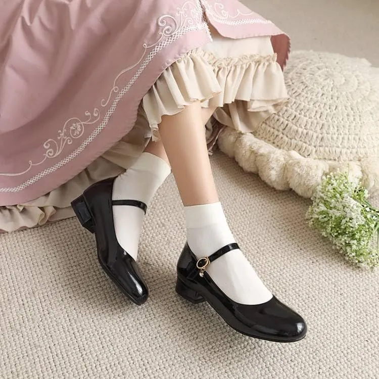 Women Mary Jane Pumps Glossy Patent Low Block Heels with Belt Buckle