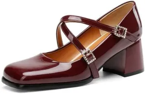 Women Mary Jane Pumps Glossy Patent Square Toe Block Heels with Cross Belt Buckles