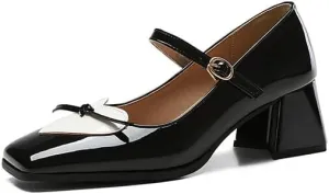 Women Mary Jane Pumps Glossy Patent Square Toe Flare Heels with Love Heart