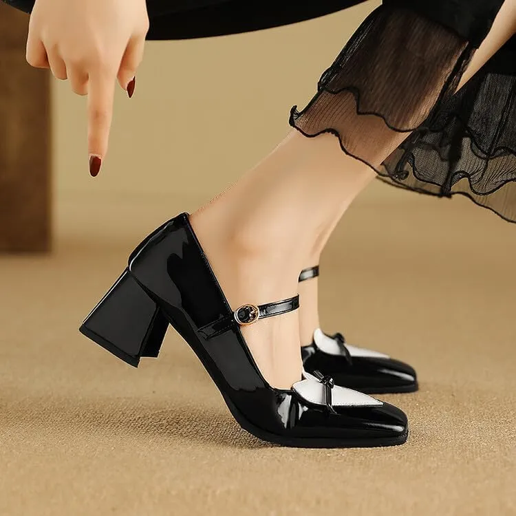 Women Mary Jane Pumps Glossy Patent Square Toe Flare Heels with Love Heart