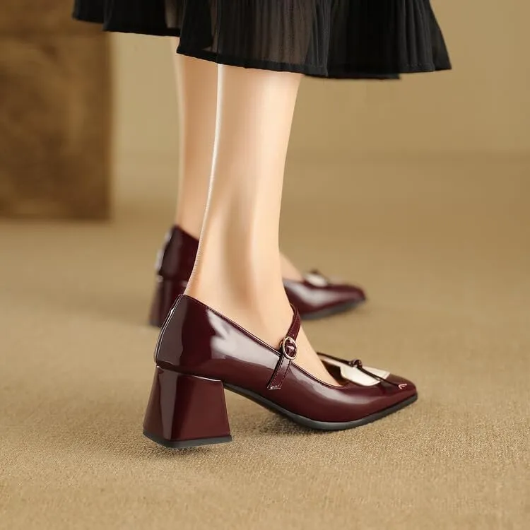 Women Mary Jane Pumps Glossy Patent Square Toe Flare Heels with Love Heart