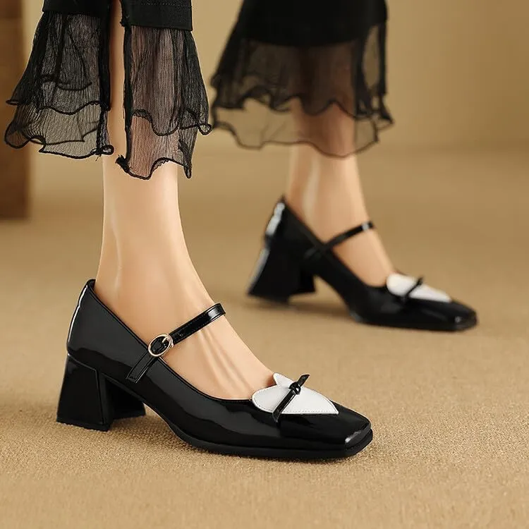 Women Mary Jane Pumps Glossy Patent Square Toe Flare Heels with Love Heart