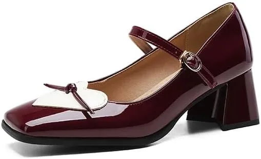 Women Mary Jane Pumps Glossy Patent Square Toe Flare Heels with Love Heart