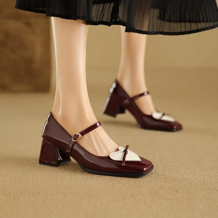 Women Mary Jane Pumps Glossy Patent Square Toe Flare Heels with Love Heart