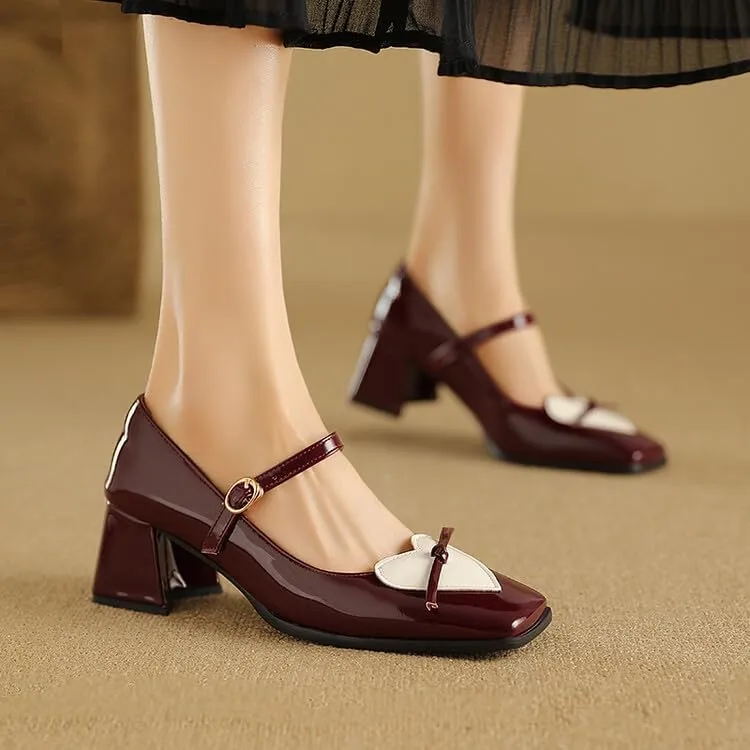 Women Mary Jane Pumps Glossy Patent Square Toe Flare Heels with Love Heart