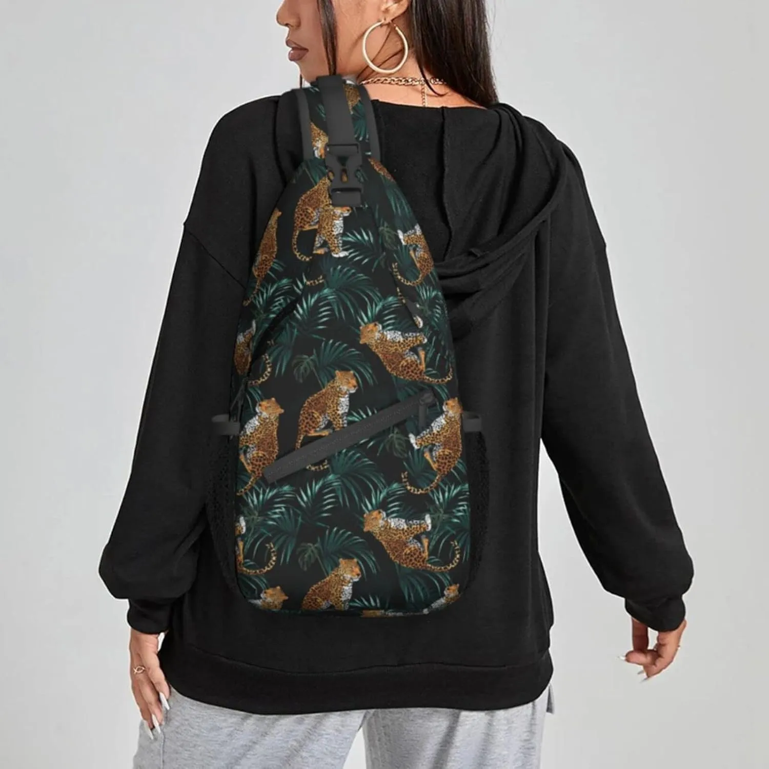 Women Palm Leaves Tropical Leopard Crossbody Sling Backpack for Men Chest Bag Shoulder Bag Lightweight One Strap Backpack Travel Outdoor Daypack