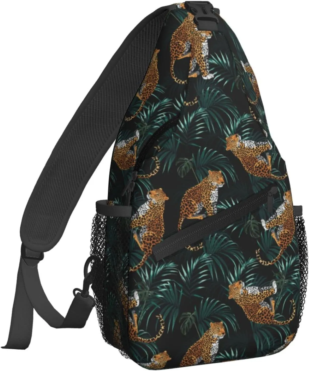 Women Palm Leaves Tropical Leopard Crossbody Sling Backpack for Men Chest Bag Shoulder Bag Lightweight One Strap Backpack Travel Outdoor Daypack