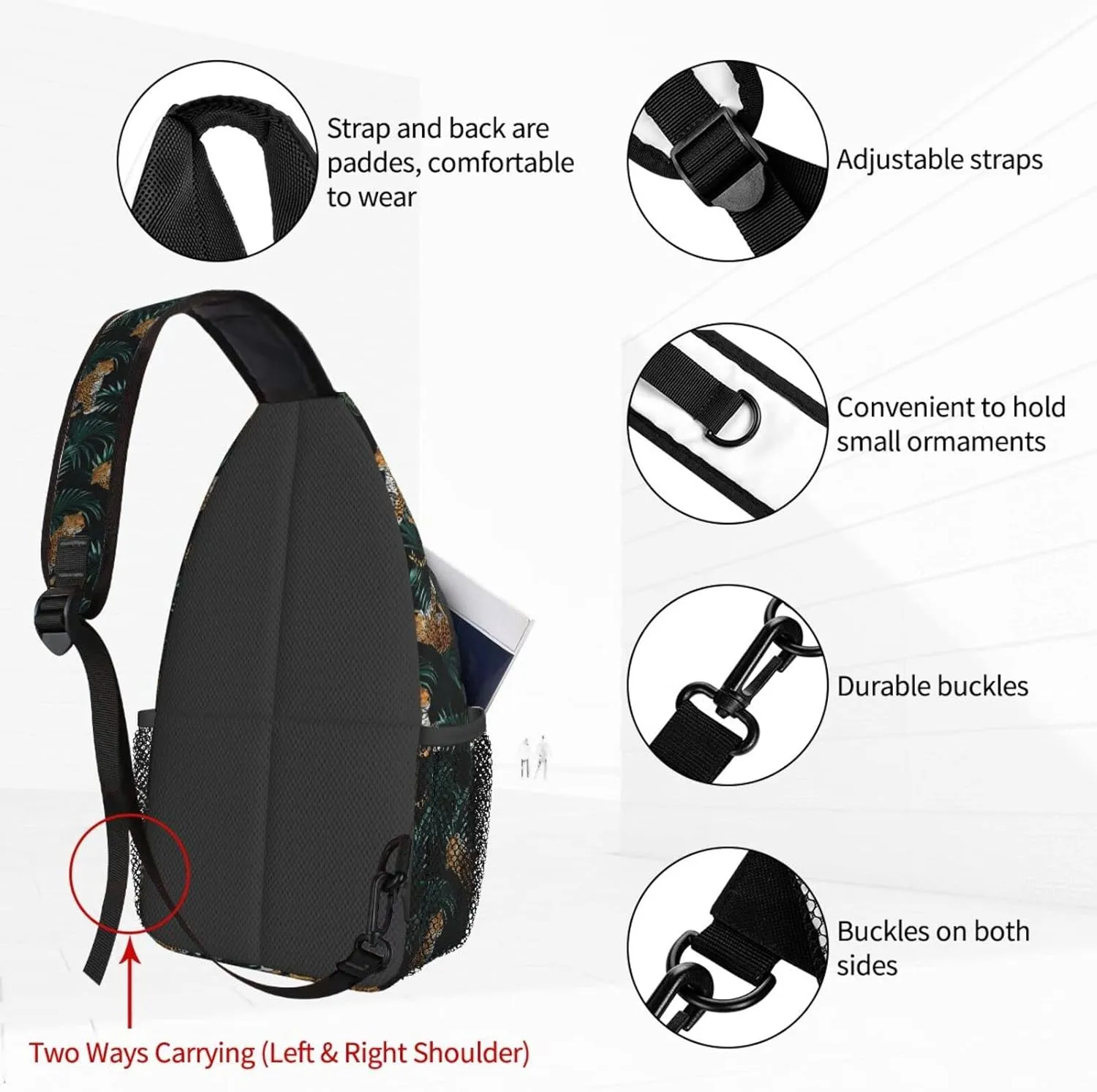 Women Palm Leaves Tropical Leopard Crossbody Sling Backpack for Men Chest Bag Shoulder Bag Lightweight One Strap Backpack Travel Outdoor Daypack
