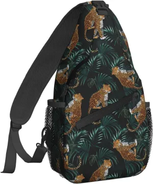 Women Palm Leaves Tropical Leopard Crossbody Sling Backpack for Men Chest Bag Shoulder Bag Lightweight One Strap Backpack Travel Outdoor Daypack