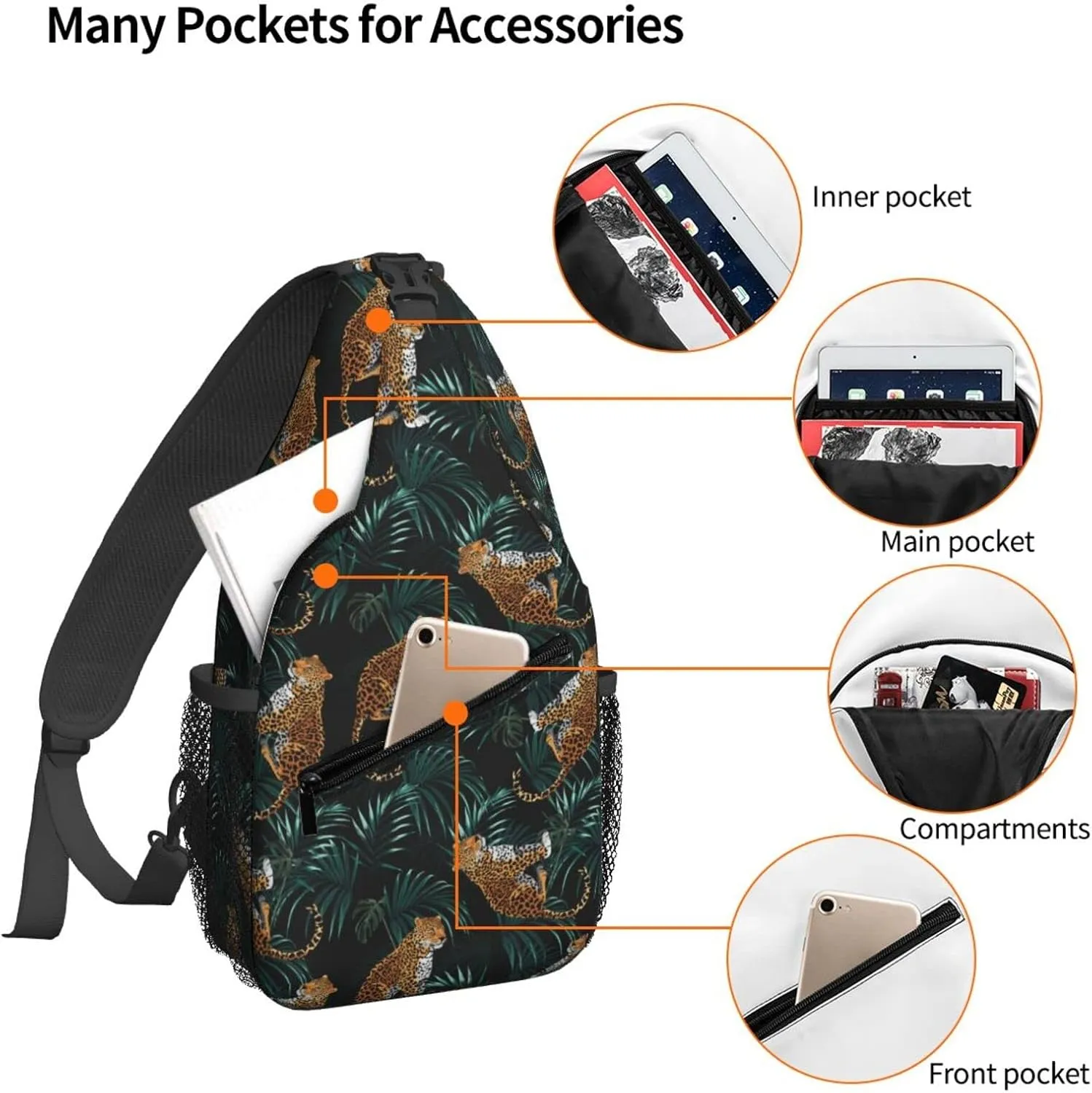 Women Palm Leaves Tropical Leopard Crossbody Sling Backpack for Men Chest Bag Shoulder Bag Lightweight One Strap Backpack Travel Outdoor Daypack