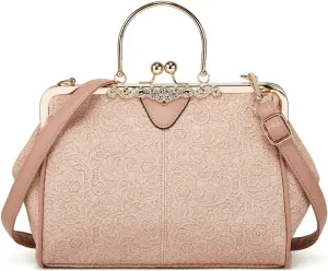 Women Retro Embossing Leather Handbag Multiple Collocations Tote Bag Kiss Lock Messenger Bag Hardware Handle Purse
