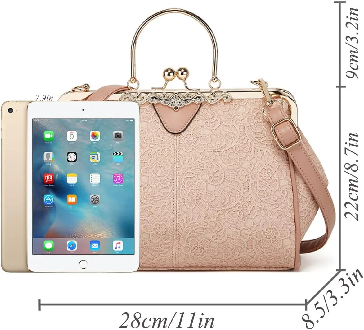 Women Retro Embossing Leather Handbag Multiple Collocations Tote Bag Kiss Lock Messenger Bag Hardware Handle Purse