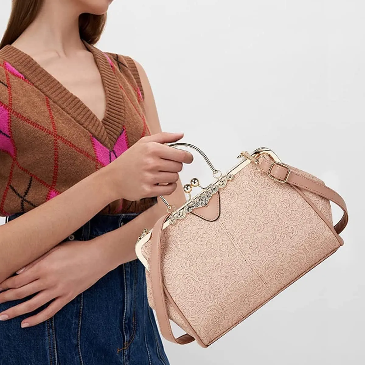 Women Retro Embossing Leather Handbag Multiple Collocations Tote Bag Kiss Lock Messenger Bag Hardware Handle Purse