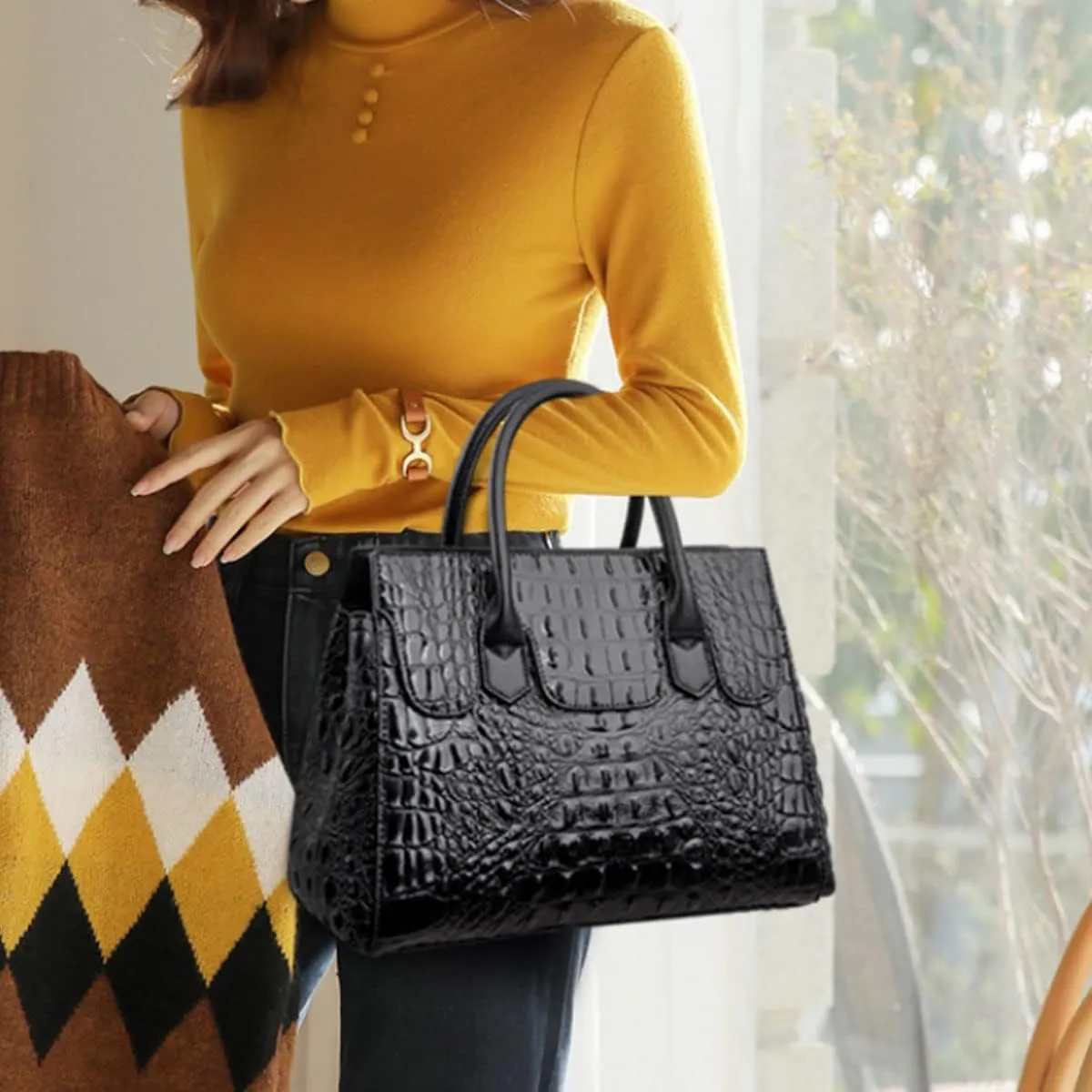 Women Satchel Bag PU Leather Crocodile-Embossed Pattern With Top Handle Shoulder Bags Handbags Fashion Purses Totes