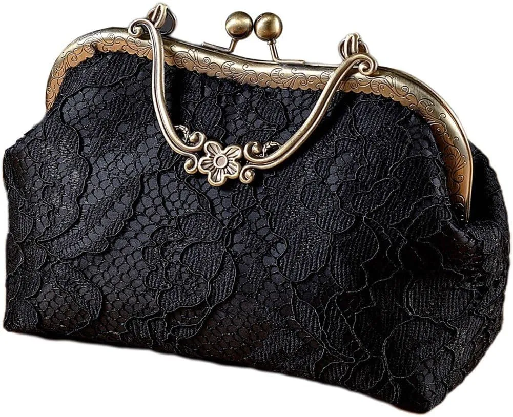 Women Vintage Floral Embroidery Chain Crossbody Shoulder Bag Wedding Handbag Metal Handle Evening Bag for Party