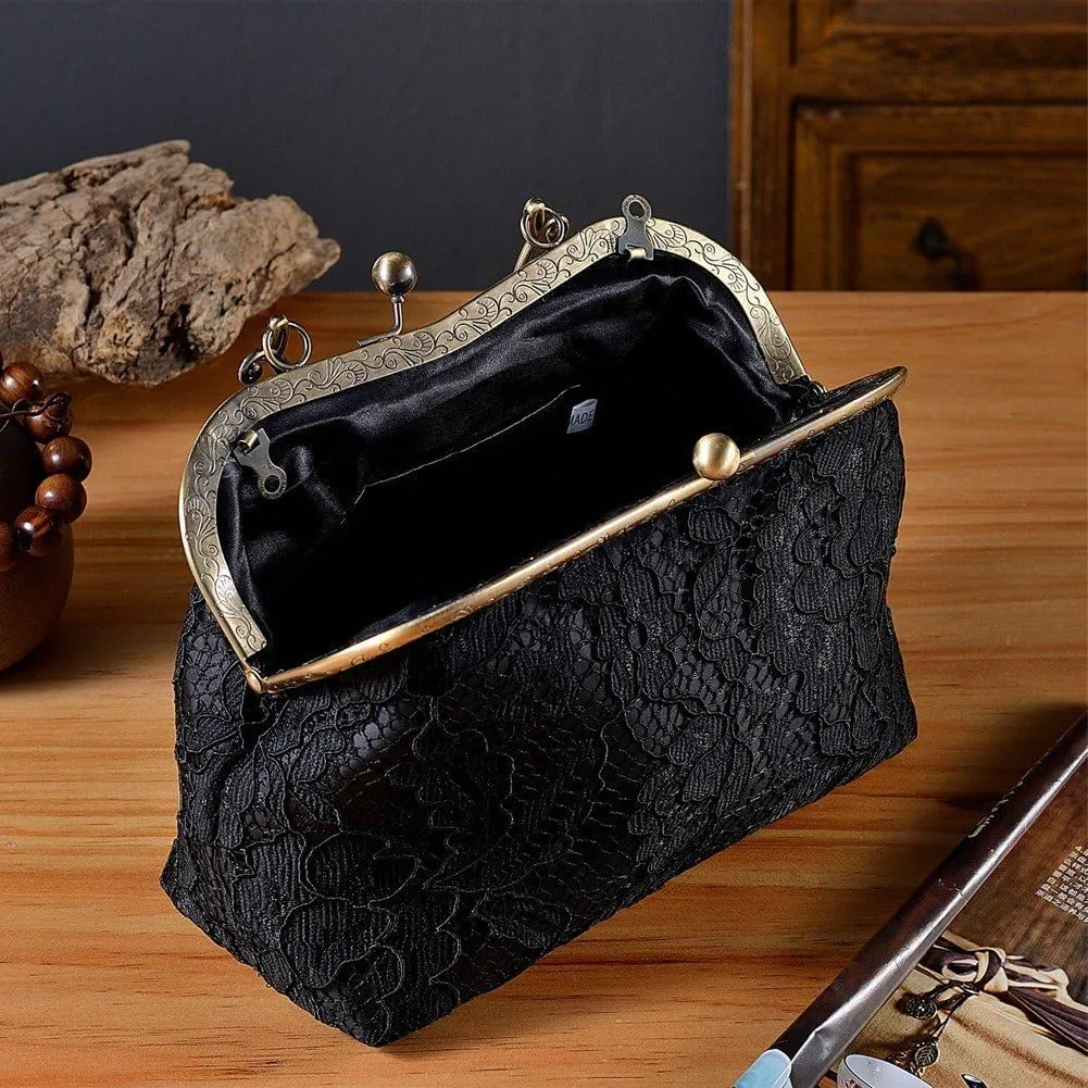 Women Vintage Floral Embroidery Chain Crossbody Shoulder Bag Wedding Handbag Metal Handle Evening Bag for Party