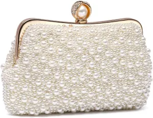 Womens Clutch Evening Bags Full Beaded Artificial Pearls Handbag for Wedding Bridal Parites Prom
