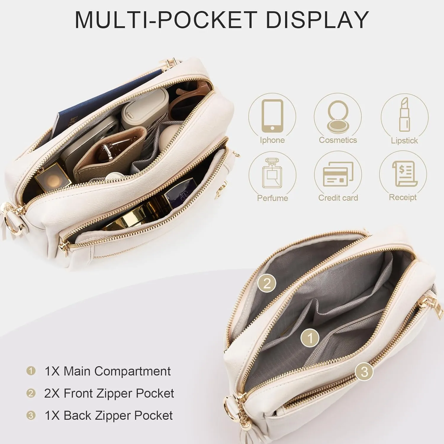 Women's Crossbody Bag Leather Shoulder Handbags with Wide Strap Small Anti-thief Purse