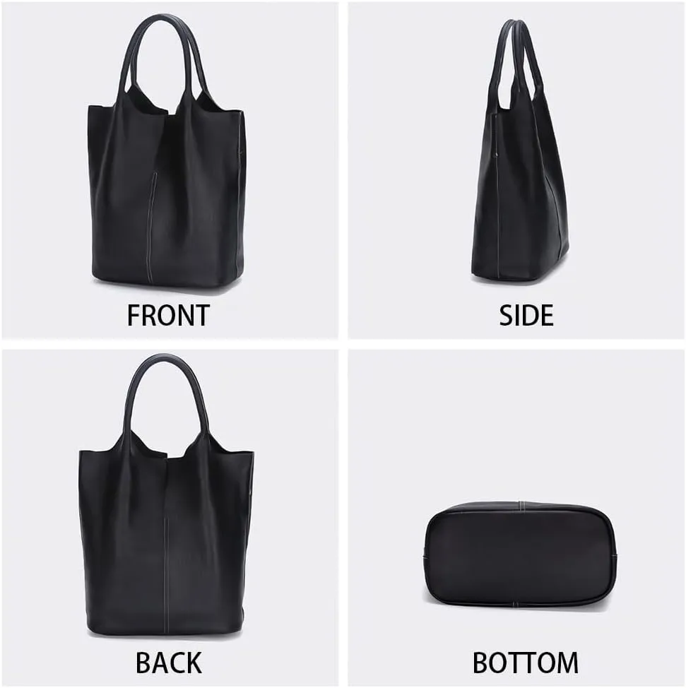 Women's Genuine Leather Tote Bag with Removable Zippered Pouch, Soft Cowhide, Stylish Everyday Shoulder Bag