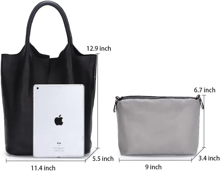 Women's Genuine Leather Tote Bag with Removable Zippered Pouch, Soft Cowhide, Stylish Everyday Shoulder Bag