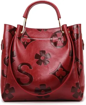 Women's Top Handle Handbags Leather Tote Bag for Women Trendy Bucket Bag Floral Embossed Shoulder Satchel Purses