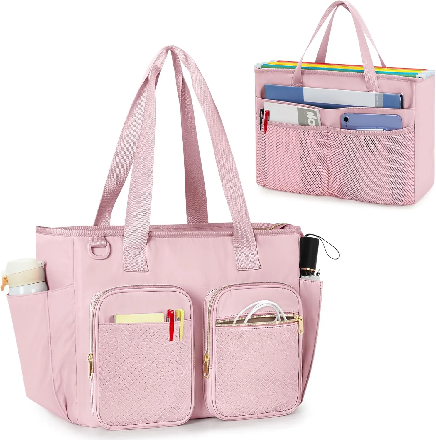 Work Tote Bag with File Organizer Box, Office Documents Storage Bag Fits for Legal Size Hanging Files Folders, Pink (Patent Design)