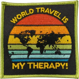 World Travel is My Therapy Iron-on Patch, Size 3"x3" with Vibrant Globe, Embroidered Patch for Jackets, Shoes & Hats, Small Patch