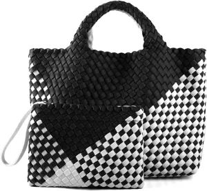 Woven Bag for Women, Neoprene Tote Bag Summer Beach Handbag Purse Retro Handmade Travel Shoulder Bag Set