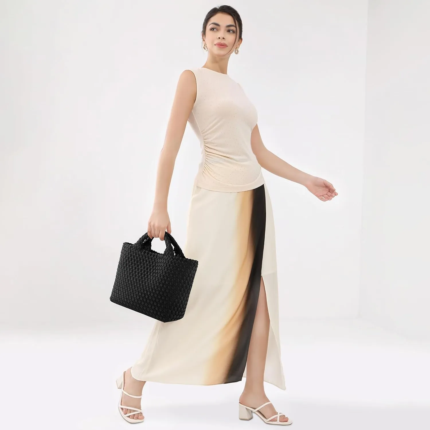 Woven Bag for Women, Neoprene Tote Bag Summer Beach Handbag Purse Retro Handmade Travel Shoulder Bag Set