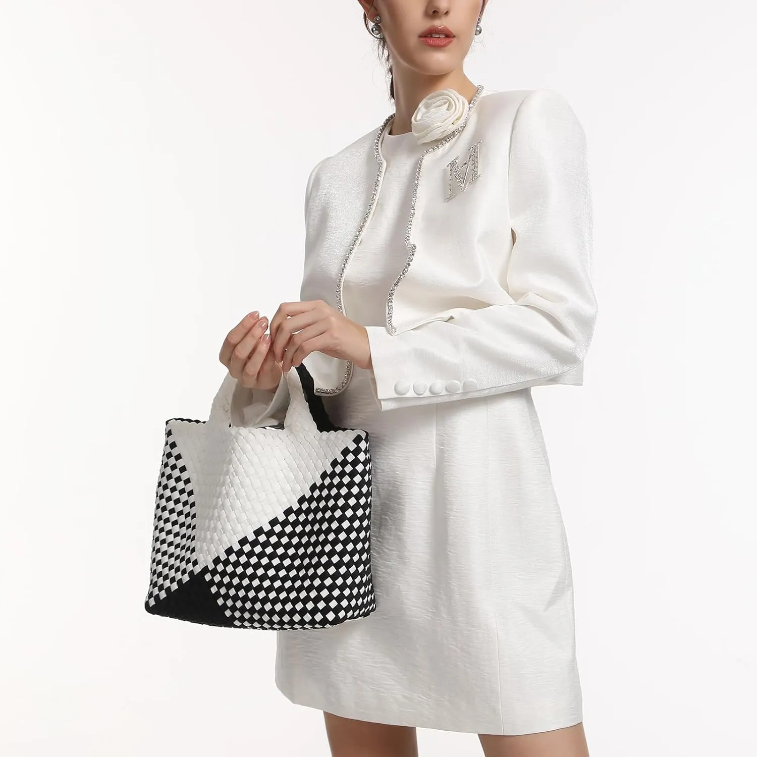 Woven Bag for Women, Neoprene Tote Bag Summer Beach Handbag Purse Retro Handmade Travel Shoulder Bag Set