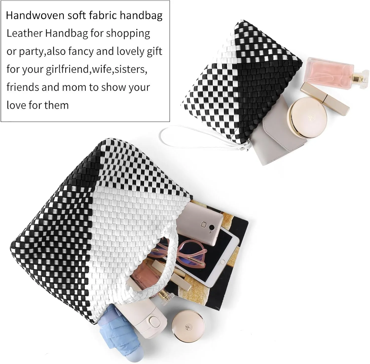 Woven Bag for Women, Neoprene Tote Bag Summer Beach Handbag Purse Retro Handmade Travel Shoulder Bag Set
