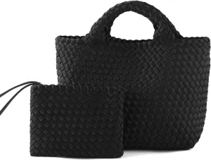 Woven Bag for Women, Neoprene Tote Bag Summer Beach Handbag Purse Retro Handmade Travel Shoulder Bag Set