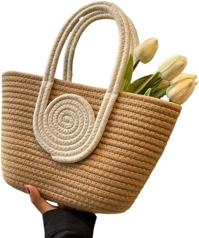 Woven Bag for Women Vibrant Cotton Rope Handbag Chic Large Tote for Women, Stylish Carryall & Shoulder Bag