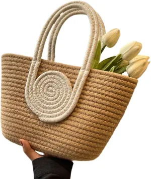 Woven Bag for Women Vibrant Cotton Rope Handbag Chic Large Tote for Women, Stylish Carryall & Shoulder Bag