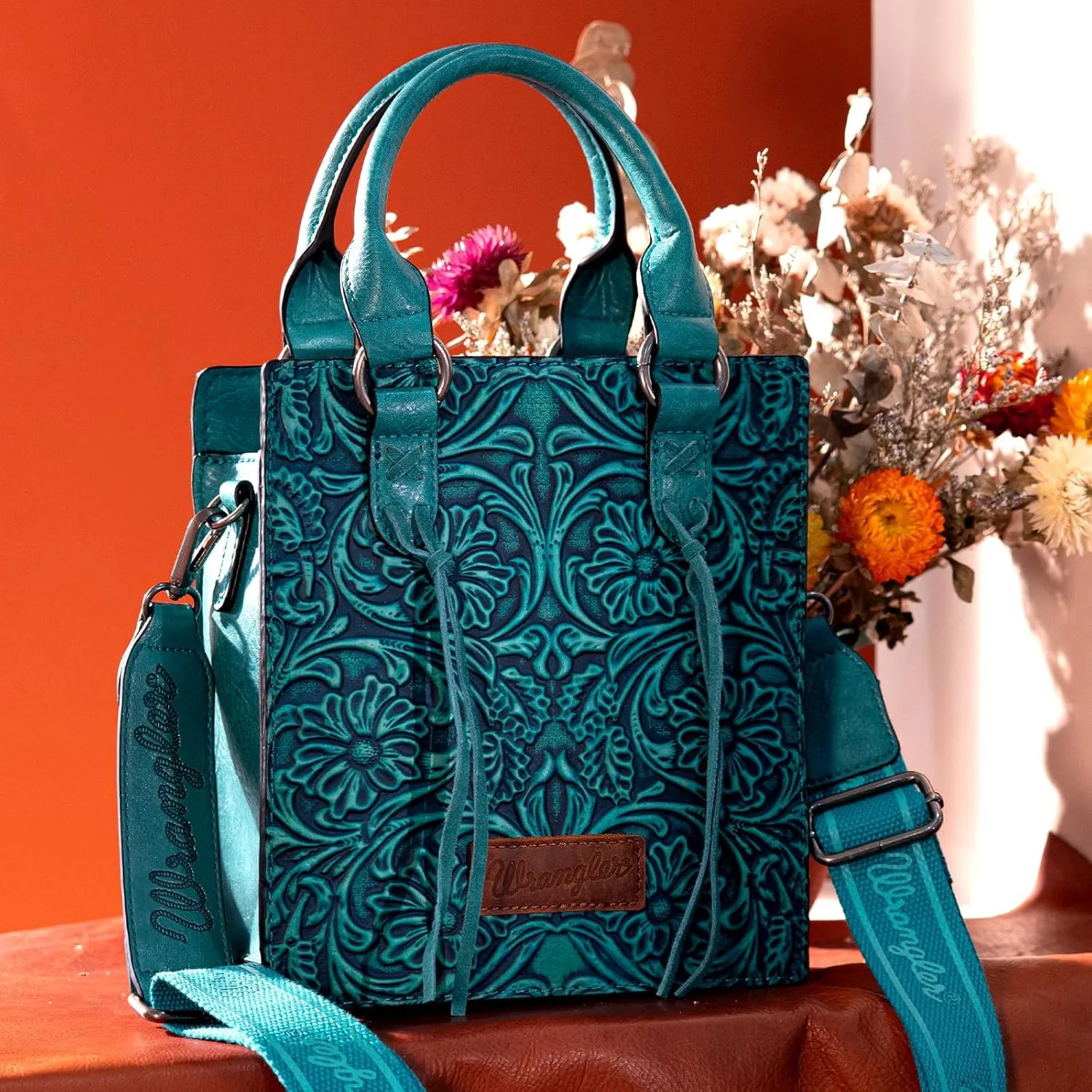 Wrangler Small Crossbody Bag for Women Tooling Top Handle Handbags and Mini Tote Bag