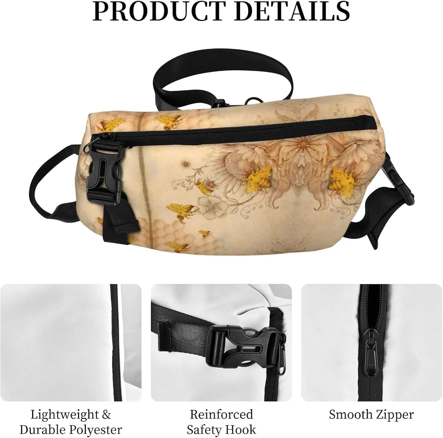 Wurton Rural Honey Bees Flowers Print Travel Crossbody Backpack Bag,Lightweight Sling Bag For Travel Unisex
