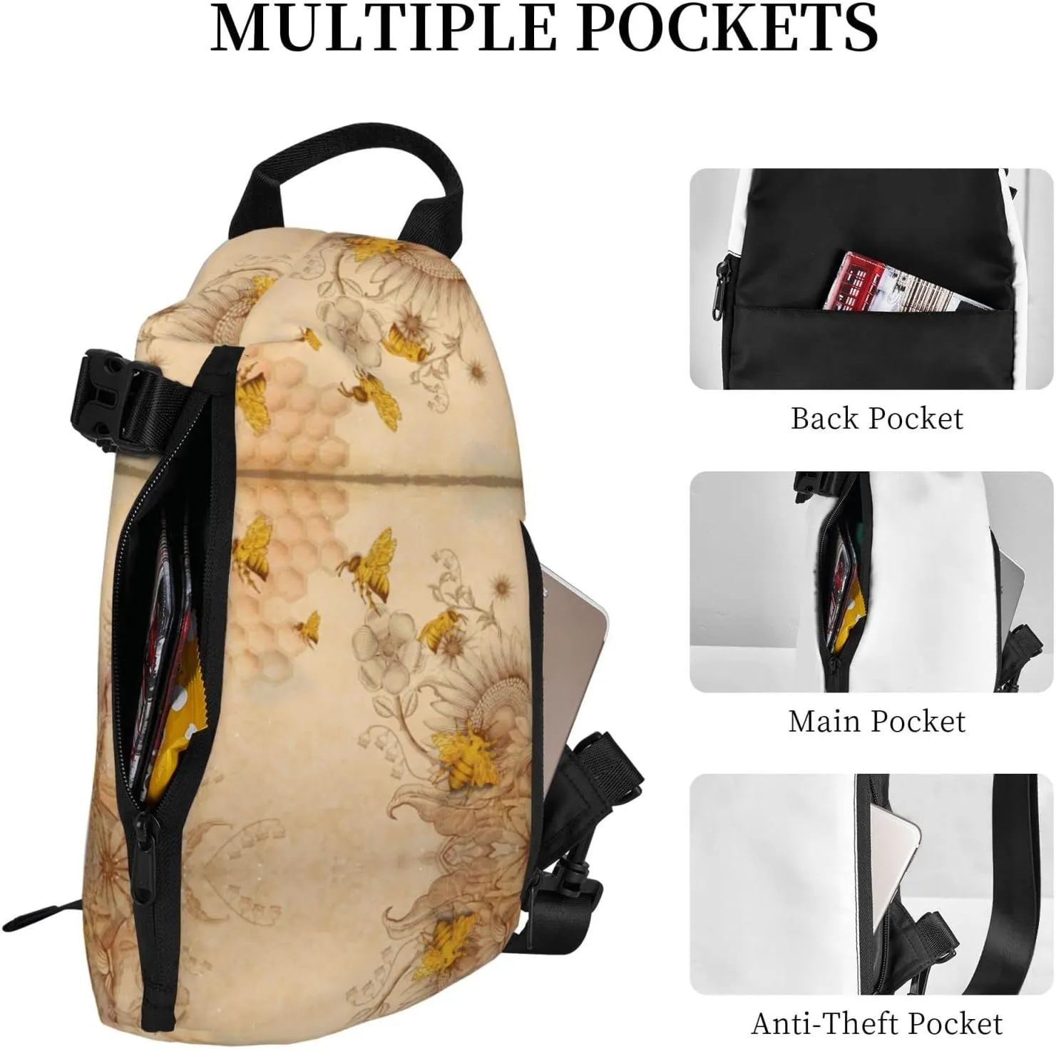 Wurton Rural Honey Bees Flowers Print Travel Crossbody Backpack Bag,Lightweight Sling Bag For Travel Unisex