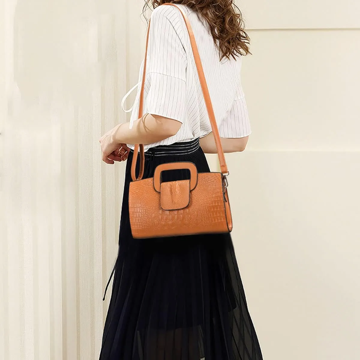 XXGJOALD-Women Satchel Handbag Crocodile Pattern Shoulder Bag Embossed Fuax Leather Purse Long Tote Top-Handle Bag Gold