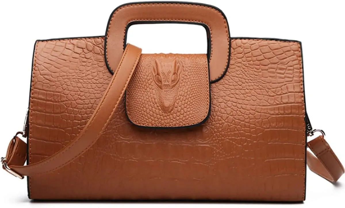 XXGJOALD-Women Satchel Handbag Crocodile Pattern Shoulder Bag Embossed Fuax Leather Purse Long Tote Top-Handle Bag Gold