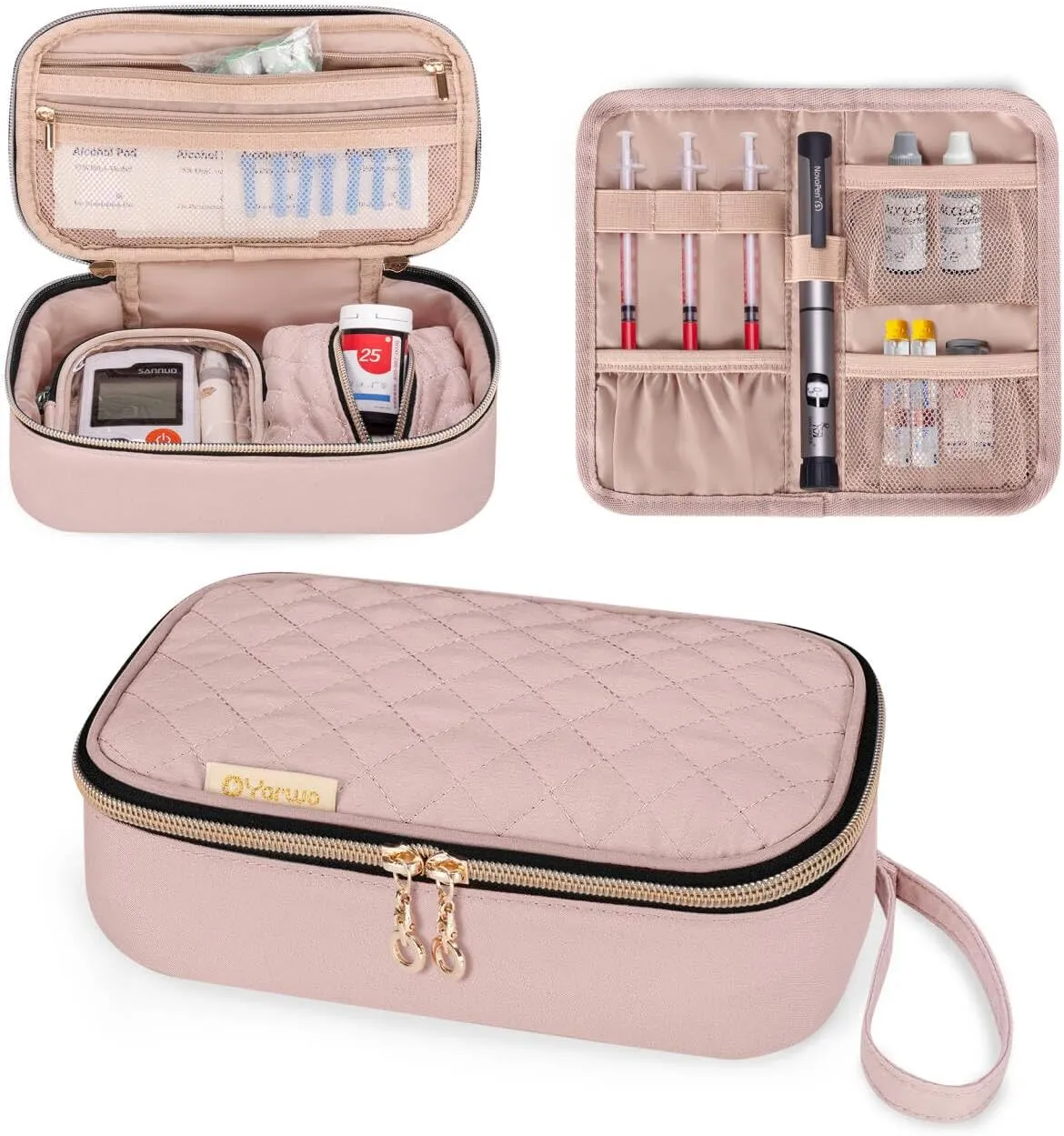 YARWO Diabetic Travel Case for Blood Glucose Monitor, Test Strips, Insulin Syringes, Diabetes Supplies Storage Bag with 2 Detachable and 1 Folding Pouches for Diabetic Care Kits, Dusty Rose (Bag Only)