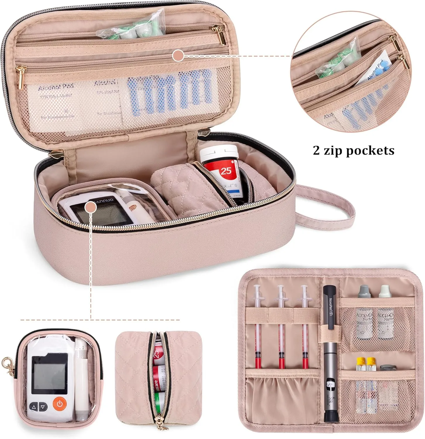 YARWO Diabetic Travel Case for Blood Glucose Monitor, Test Strips, Insulin Syringes, Diabetes Supplies Storage Bag with 2 Detachable and 1 Folding Pouches for Diabetic Care Kits, Dusty Rose (Bag Only)