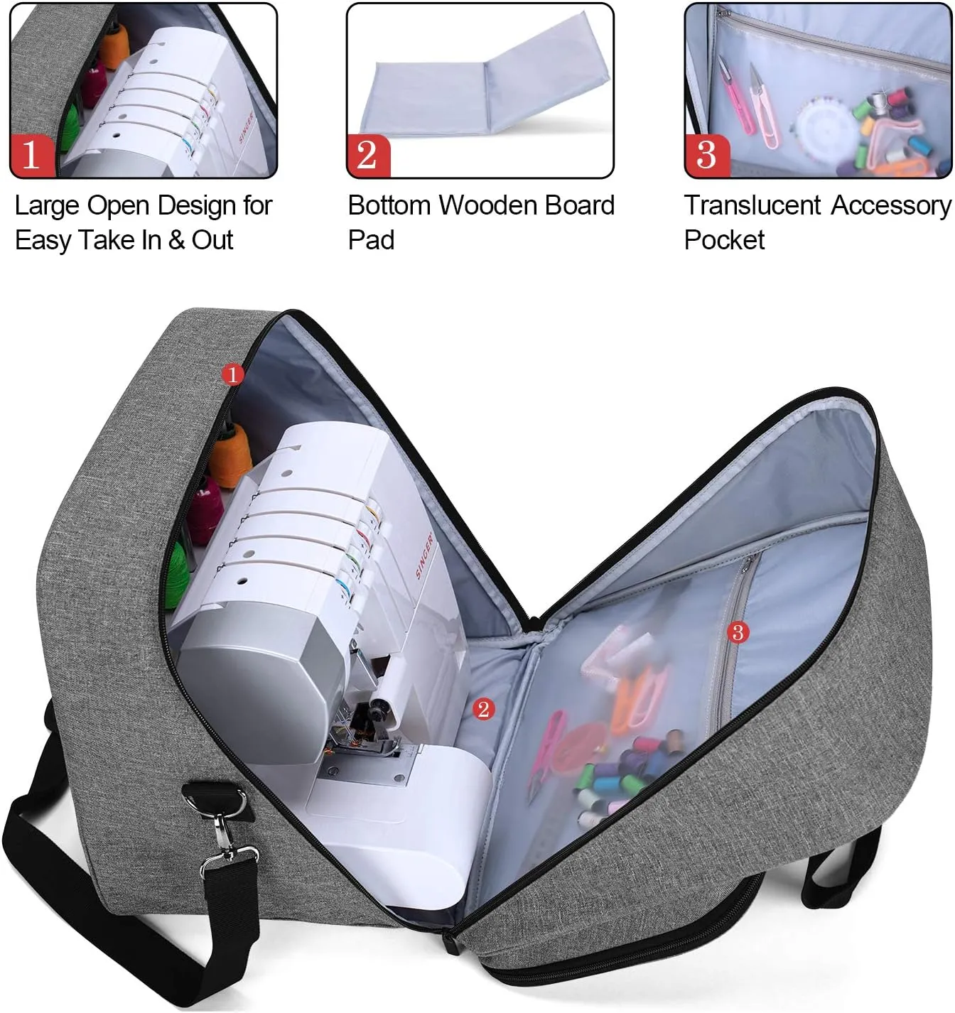 Yarwo Serger Machine Carrying Case with Bottom Wooden Board, Universal Overlock Sewing Machine Tote Bag Compatible with Most Standard Singer, Brother Serger, Gray with Arrow (Patent Pending)